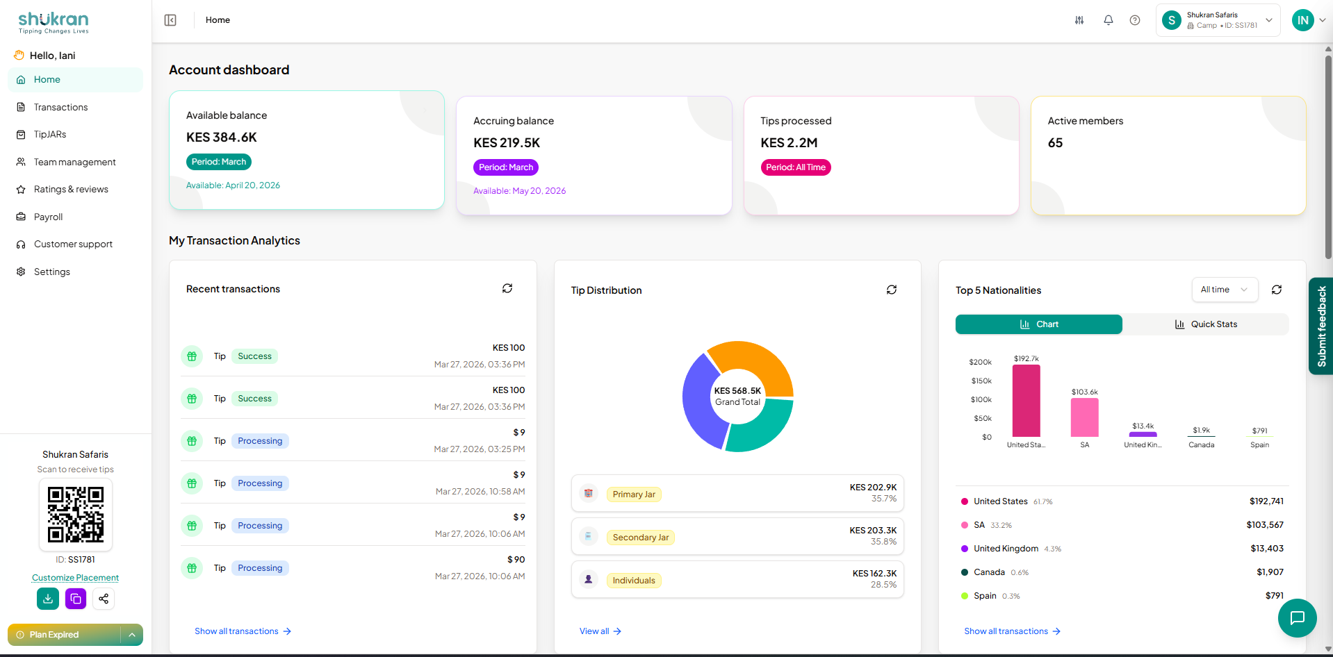 Shukran property dashboard showing balances and recent transactions